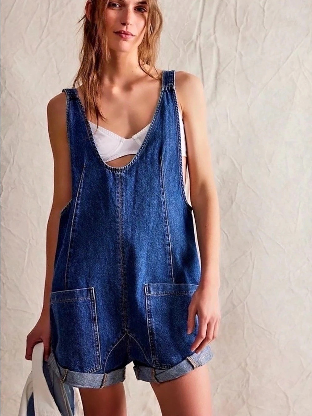 We The Free High Roller Shortall Denim Overalls Blue Medium (B8)
